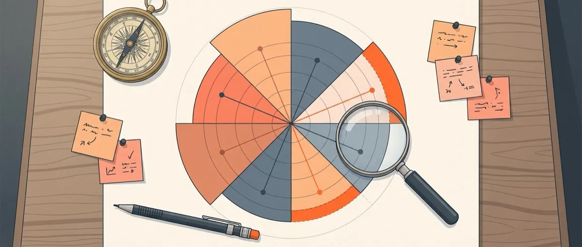 An editorial illustration of a radar chart on a drafting table with a compass, pencil, and magnifying glass